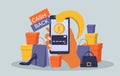 Flat style illustration on the theme of cashback. a lot of purchases and a hand with a smartphone Royalty Free Stock Photo